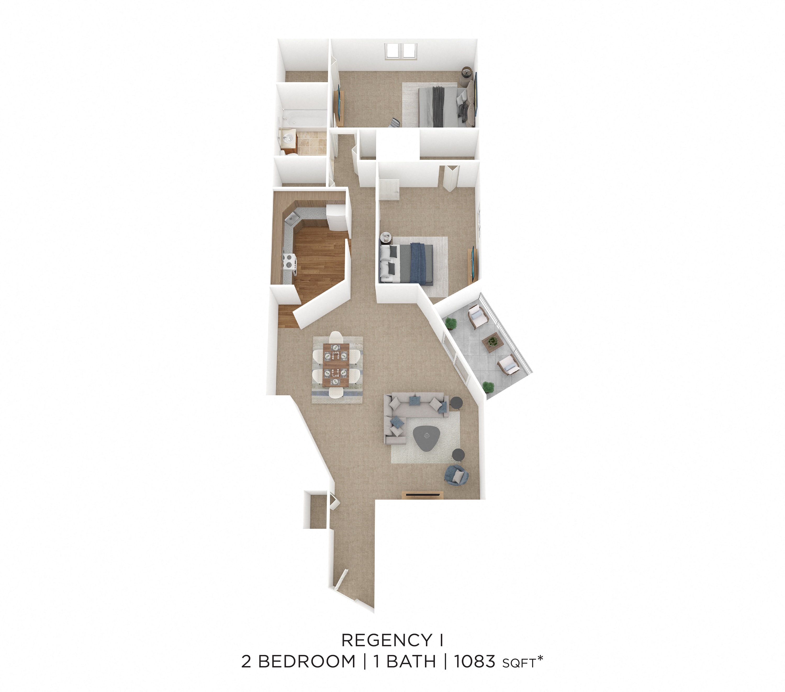 Floor plan for 2 beds, 1 bath, 1083 sqft